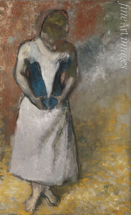 Degas Edgar - Woman standing from the front, clasping her corset