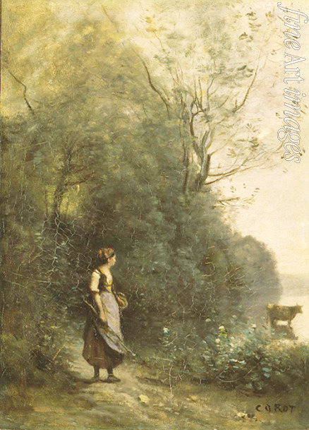 Corot Jean-Baptiste Camille - Hirtin mit Kuh am Waldrande