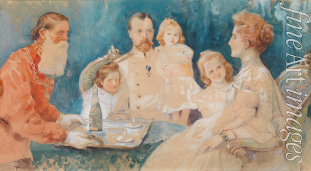 Samokisch-Sudkowskaja Elena Petrowna - Zar Nikolaus II. und Zarin Alexandra Fjodorowna mit ihren Töchtern Olga, Tatiana, Maria und Anastasia (als Baby)