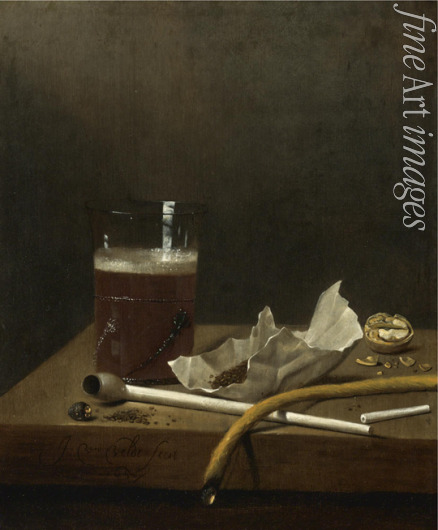 Velde Jan Jansz. van de III - Still life with a glass of beer, a pipe, tobacco and other requisites of smoking