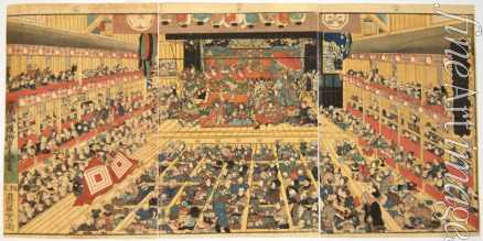Kunisada (Toyokuni III.) Utagawa - Odori-keiyo Edo-e no Sakae: Interieur des Theaters mit der Aufführung von Shibaraku