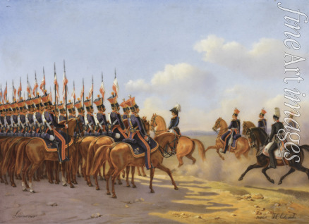 Ladurner Adolphe - Nicholas I and his entourage reviewing the Life Guards Lancer (Ulansky) His Majesty's Regiment