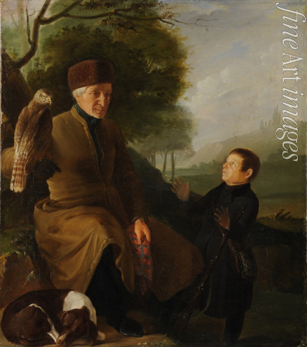 Unbekannter Künstler - Jäger mit Falke. Porträt von Graf Platon Alexandrowitsch Subow (1767-1822) und Iwan Andrejewitsch Jakubowski (1770-1864)
