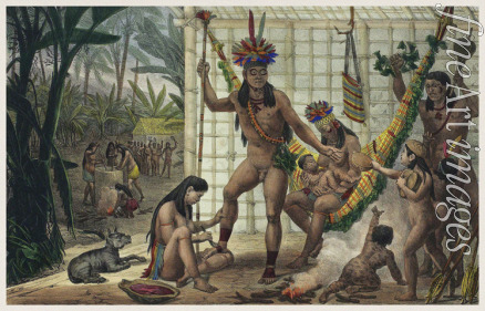 Debret Jean-Baptiste - Family of a Camacan Indian Chief Preparing for a Festival. Illustration from Voyage pittoresque et historique au Brésil