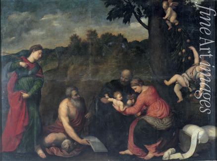 Bordone Paris - Die Heilige Familie mit Heiligen Hieronymus, Katharina von Alexandrien und Engeln