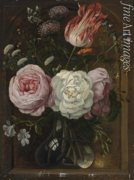 Heem Jan Davidsz. de - Flower still life with a tulip and roses in a glass vase
