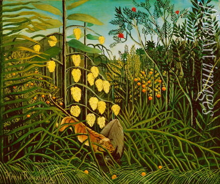 Rousseau Henri Julien Félix - In a tropical Forrest. Struggle between Tiger and Bull