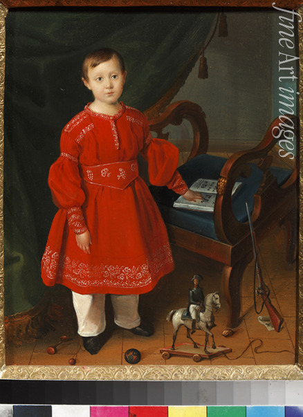 Unbekannter Künstler - Bildnis eines Jungen in rotem Kleid mit Spielzeug und Fibel