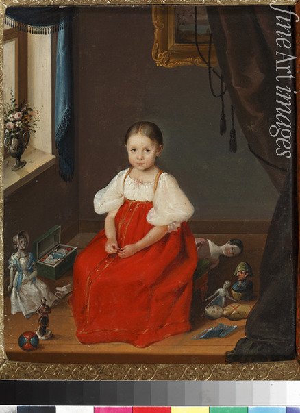Unbekannter Künstler - Portrait eines Mädchens in rotem Sarafan mit Spielzeug
