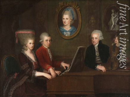Della Croce Johann Nepomuk - Wolfgang Amadeus Mozart mit Schwester Maria Anna und Vater Leopold, an der Wand ein Portrait der verstorbenen Mutter, Anna Maria
