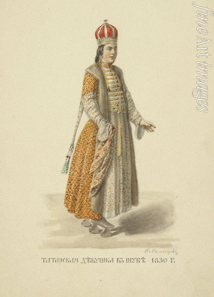 Solnzew Fjodor Grigorjewitsch - Tatarisches Mädchen in Kasan im Pelzmantel, 1830 (Aus der Serie Kleidung des russischen Staates)