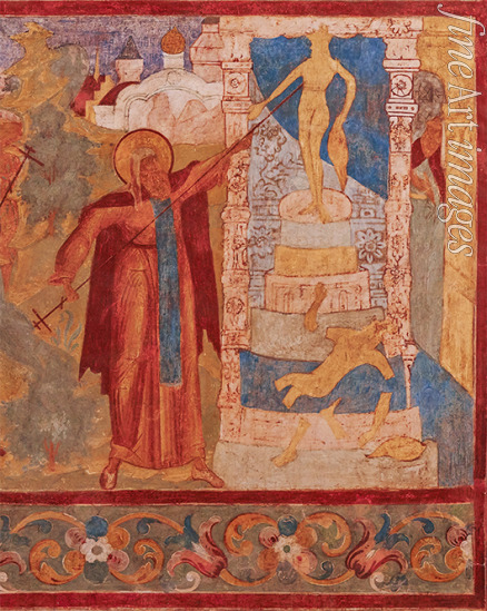 Ancient Russian frescos - Abraham of Rostov destroys the Veles's statue. Fresco of the Church of Saint John The Apostle in Rostov Kremlin