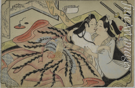 Sugimura Jihei - Liebende unter einer Decke mit Phoenix-Design