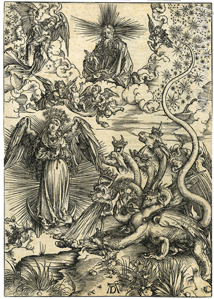 Dürer Albrecht - Die mit der Sonne bekleidete Frau und der siebenköpfige Drache. Aus Apocalypsis cum Figuris