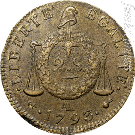 Dupré Augustin - Coin 2 Sols. The National Convention period. Revers, Inscription: Liberté Égalité