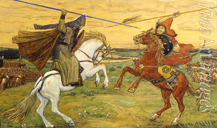 Wasnezow Viktor Michailowitsch - Zweikampf des Mönches Pereswet mit dem tatarischen Recken Temir-Murza auf dem Kulikowo Pole 1380