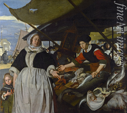 Witte Emanuel de - Adriana van Heusden und ihre Tochter am neuen Fischmarkt in Amsterdam