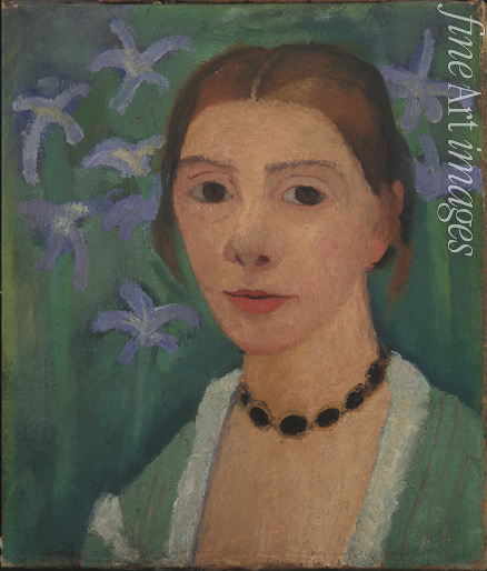 Modersohn-Becker Paula - Self portrait in front of green background with blue irises