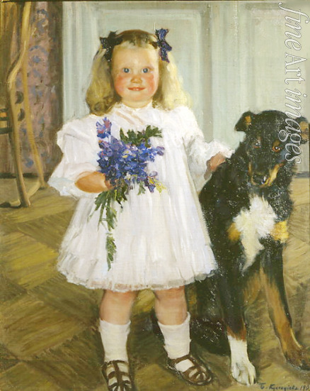 Kustodiev Boris Michaylovich - Portrait of the daughter Irina with the dog Shumka