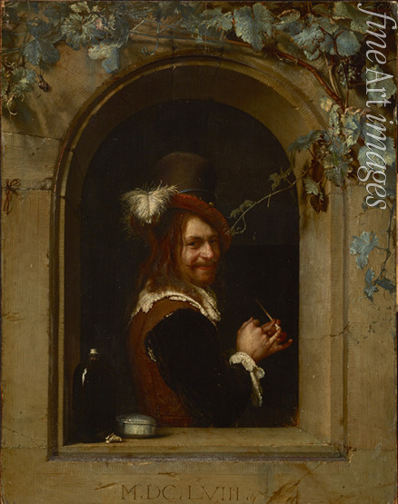 Mieris Frans van der Ältere - Mann mit Pfeife am Fenster