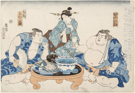 Kunisada (Toyokuni III.) Utagawa - Die Sumokämpfer Kuroiwa und Zogahana mit einer Geisha