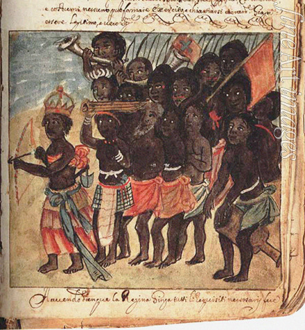 Cavazzi da Montecuccolo Giovanni Antonio - Königin Nzinga mit militärischem Gefolge, Königreich Matamba, Angola (Aus: Manoscritti Araldi)