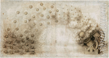 Leonardo da Vinci - Studie von zwei Mörsern, die explodierende Geschosse abfeuern