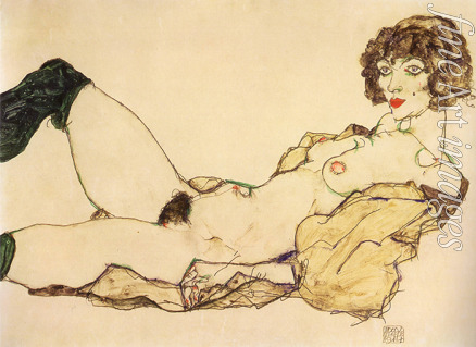 Schiele Egon - Lying nude with green stockings