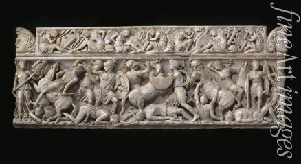 Römische Antike Kunst Klassische Skulptur - Sarkophag mit Schlachtszenen zwischen den Griechen und den Amazonen