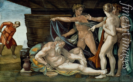 Buonarroti Michelangelo - Die Trunkenheit Noahs. Deckenfreske in der Sixtinischen Kapelle im Vatikan