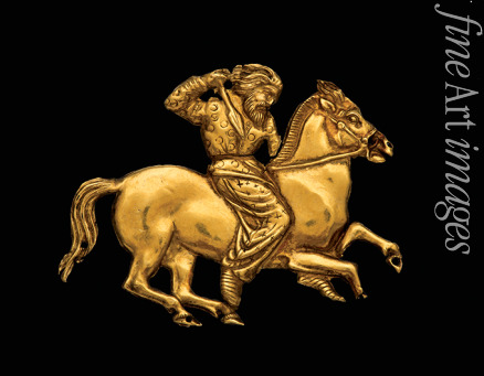 Kunst der Skythen - Goldplakette mit Darstellung eines skythischen Reiters mit Speer in seiner rechten Hand 