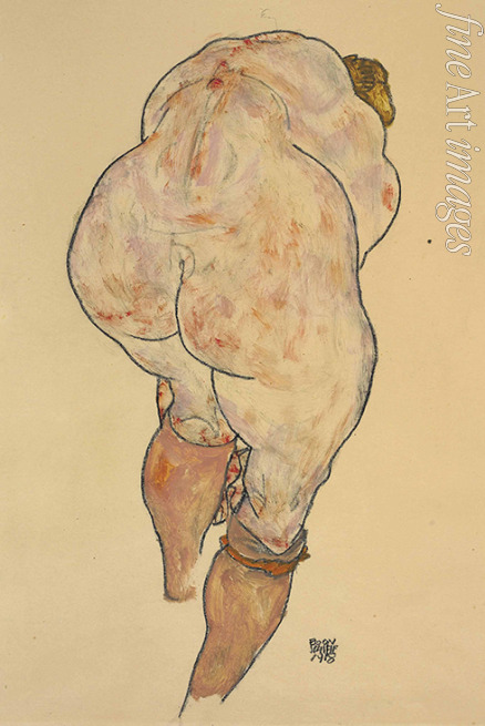 Schiele Egon - Weiblicher Rückenakt, Strümpfe anziehend 