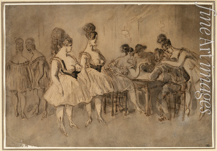 Guys Constantin - Männer mit leicht bekleideten Frauen am Tisch sitzend