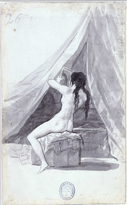 Goya Francisco de - Weiblicher Rückenakt mit Spiegel (Aus dem Madrid-Album)