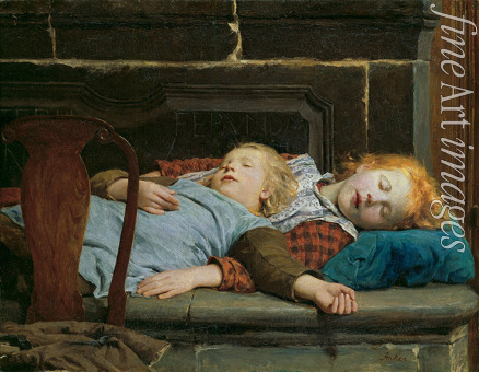 Anker Albert - Two sleeping girls on the stove bench 