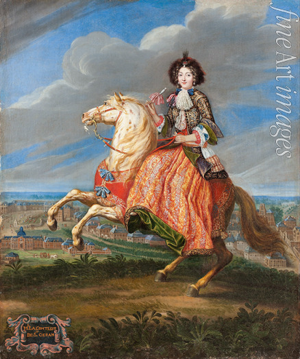 Parrocel Joseph - Reiterportrait von Françoise Madeleine Claude de Saint-Géran, mit Blick auf das Schloss Versailles im Hintergrund