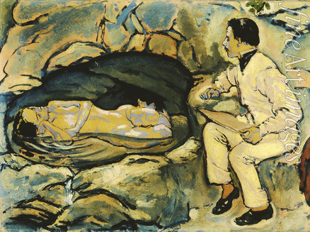 Moser Koloman - Selbstbildnis, zeichnend mit Meerjungfrau in der Felsengrotte