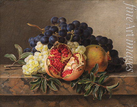 Jensen Johan Laurentz - Pomegranates and green and blue grapes on a marble frame