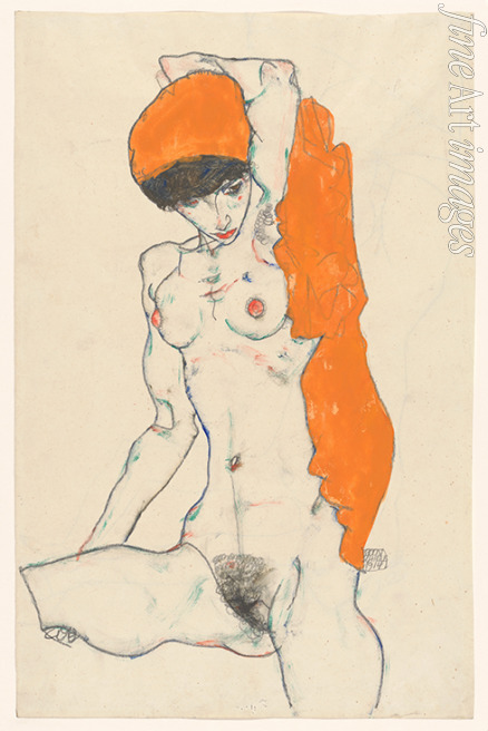 Schiele Egon - Stehender Akt mit orangefarbenem Tuch
