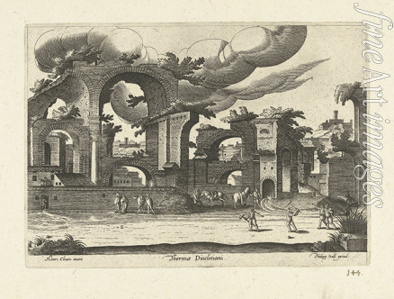 Cleve Hendrik van III. - Blick auf die Ruinen der Diokletiansthermen von der Seite mit zwei Männer beim Krocketspiel im Vordergrund