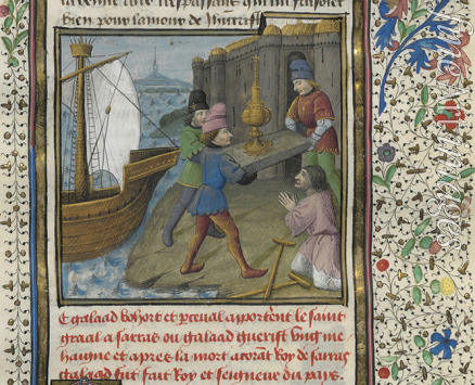 D'Espinques Évrard - The three Grail Knights brings the Holy Grail to the Ship of Solomon. From: Lancelot en prose