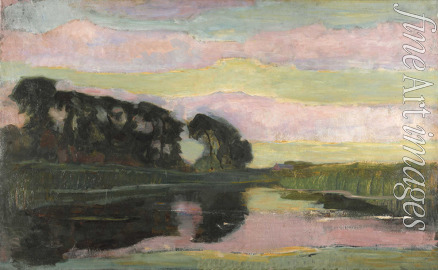 Mondrian Piet - River landscape with pink and yellowgreen sky