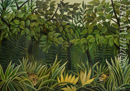 Rousseau Henri Julien Félix - Zwei Löwen auf der Pirsch im Dschungel