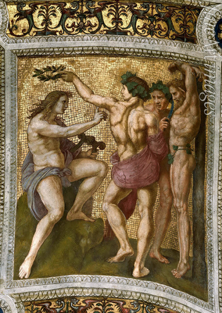 Raffael (Raffaello Sanzio da Urbino) - Apollon und Marsyas. (Deckenfresko in Stanza della Segnatura)