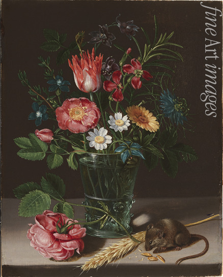 Peeters Clara - Flowers in a vase with a nibbling mouse