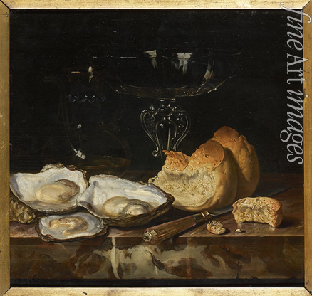 Fromantiou Henri de - Still life with oysters, bread and Venetian wine glass