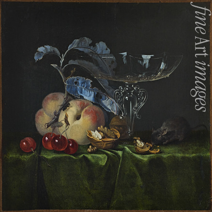 Fromantiou Henri de - Still life with peaches, walnuts, mouse and Venetian wine glass
