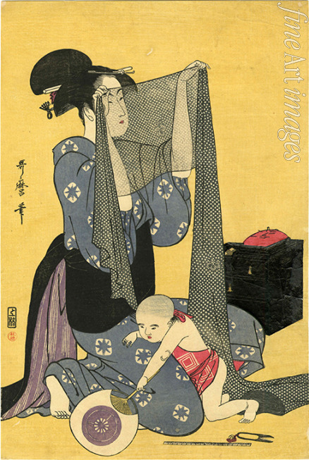 Utamaro Kitagawa - Hari-shigoto (Needlework). Triptych, left part