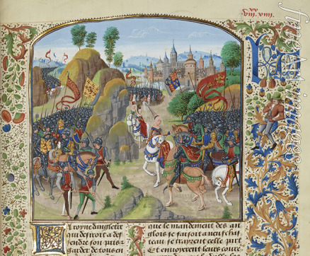 Liédet Loyset - Queen Philippa of Hainault before the Battle of Neville's Cross on 17 October 1346 (Miniature from the Grandes Chroniques de Fra
