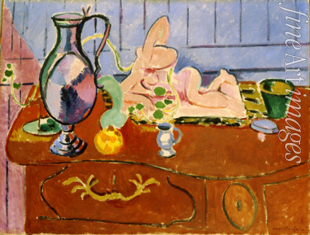 Matisse Henri - Rosafarbene Statuette und Kanne auf roter Kommode